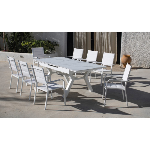 Salon à manger de jardin avec table extensible – SANTANIA-PRISCILLA/8 – Finition blanc avec plateau HPL Diva – Assises textilène - HEVEA