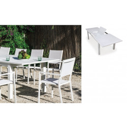 Salon à manger de jardin avec table extensible – CAMELIA ALU EXT 220-300 CORCEGA/10 – Finition blanc – Assises textilène blanc – - HEVEA