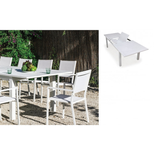 Salon à manger de jardin avec table extensible – CAMELIA ALU EXT 220-300 CORCEGA/10 – Finition blanc – Assises textilène blanc – - HEVEA