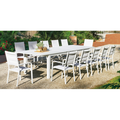 Salon à manger de jardin avec table extensible – ORINOCO ALU EXT PRISCILLA/8 – Finition blanc – Assises textilène blanc – 8 plac - HEVEA