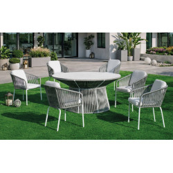 Salon à manger de jardin – RHODOS 150 HPL TULIP/6 – Table ronde HPL – Fauteuils avec coussins LUX – 6 places de marque HEVEA, référence: J9463200