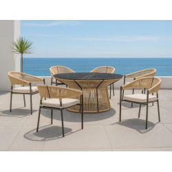 Salon à manger de jardin – RHODOS 150 HPL ESPINEL/6 – Table ronde HPL – Fauteuils avec coussins LUX – 6 places de marque HEVEA, référence: J9463300