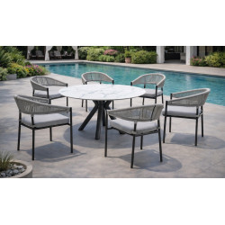 Salon à manger de jardin – PALAWAN 150 HPL ESPINEL/6 – Table ronde HPL – Fauteuils avec coussins LUX – 6 places de marque HEVEA, référence: J9463400