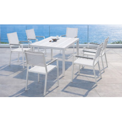 Salon à manger de jardin – NALOA 200 ALU MOASIS/6 – Table aluminium – Fauteuils textilène avec accoudoirs tressés – 6 places de marque HEVEA, référence: J9463700