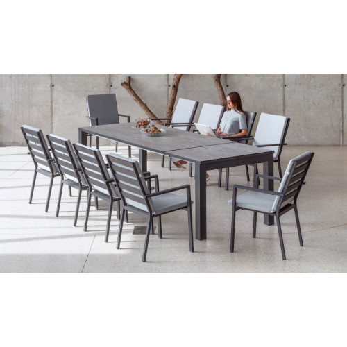 Salon à manger de jardin – BAIRON 200/275 HPL PALMA-3 LUX – Table extensible HPL – Fauteuils avec coussins complets – 10 places - HEVEA