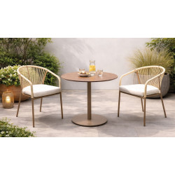 Ensemble bistrot de jardin – VASELIN Ø80 HPL ALDEREN-3 LUX – Plateau HPL effet bois – Fauteuils avec coussins – 2 places de marque HEVEA, référence: J9464200