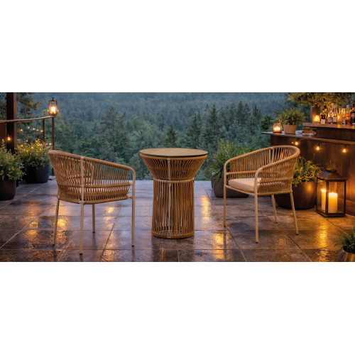 Ensemble bistrot de jardin – RODHOS MIAMI – Table ronde Ø60 cm et 2 fauteuils avec coussins LUX – Plateau HPL effet bois – 2 pla - HEVEA