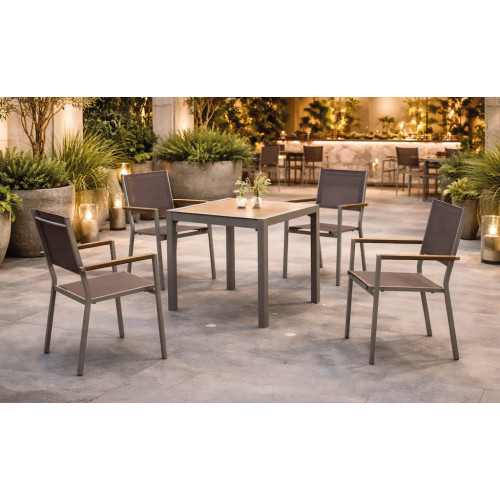 Ensemble bistrot de jardin – CORCEGA MOASIS – Table carrée 90 × 90 cm et 4 fauteuils en textilène – Plateau HPL Maderma – 4 plac - HEVEA