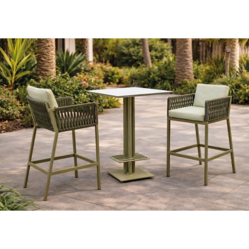 Ensemble bistrot bar - CANVAS CATANIA – Table haute - 2 tabourets bar avec coussins – Plateau HPL blanc – 2 places - HEVEA