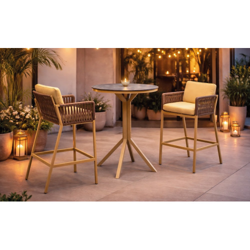 Ensemble bistrot bar - GIGLIO CATANIA – Table haute Ø80 cm et 2 tabourets bar avec coussins – Plateau HPL – 2 places - HEVEA