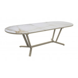 Table de repas ovale extensible en aluminium et céramique KEDRA - VITA 200/260 x 100 - Allonge automatique - Coloris crème et pr - PROLOISIRS