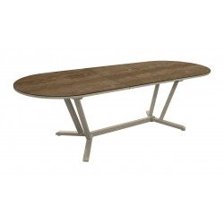 Table de repas ovale extensible en aluminium et HPL - VITA 200/260 x 110 - Allonge automatique - Coloris crème et minéral - PROLOISIRS