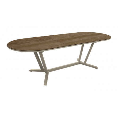Table de repas ovale extensible en aluminium et HPL - VITA 200/260 x 110 - Allonge automatique - Coloris crème et minéral - PROLOISIRS