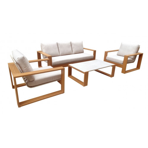 Salon de jardin 4 pièces en aluminium avec coussins – LASER – Coloris chêne et crème - PROLOISIRS