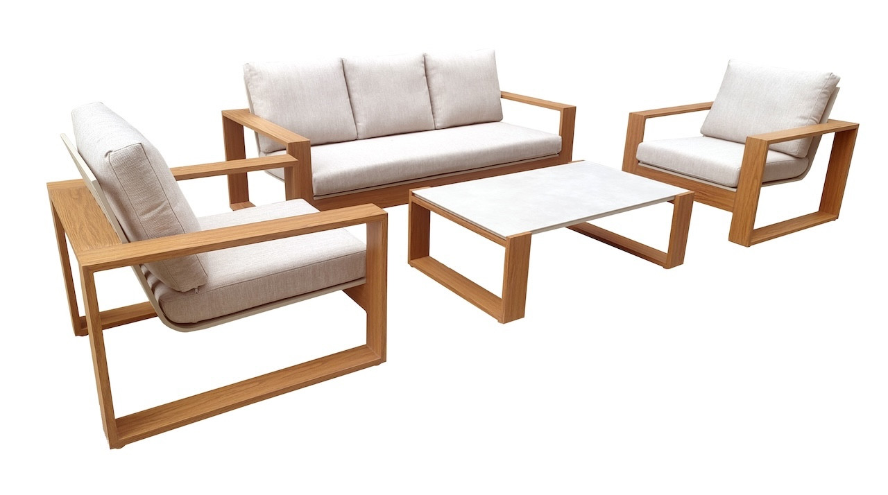 PROLOISIRS Salon de jardin 4 pièces en aluminium avec coussins LASER Coloris chêne et crème - vue 2