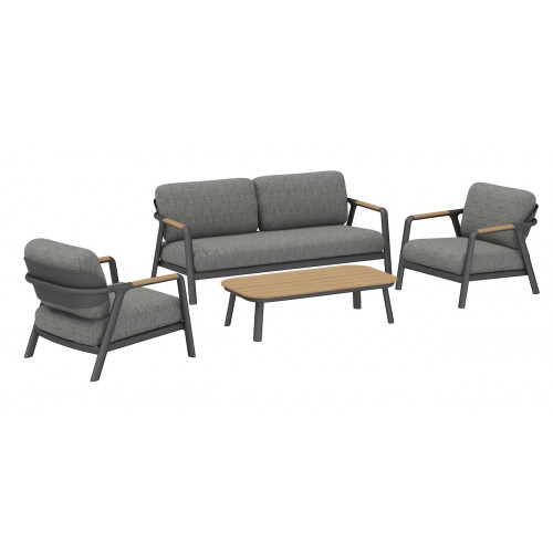 Salon bas 4 pièces en aluminium avec coussins – PERLE – Coloris graphite et chêne - PROLOISIRS