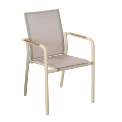 Fauteuil repas empilable – AROHA – Crème chevron – Aluminium époxy – Accoudoirs teck FSC de marque PROLOISIRS, référence: J9478000