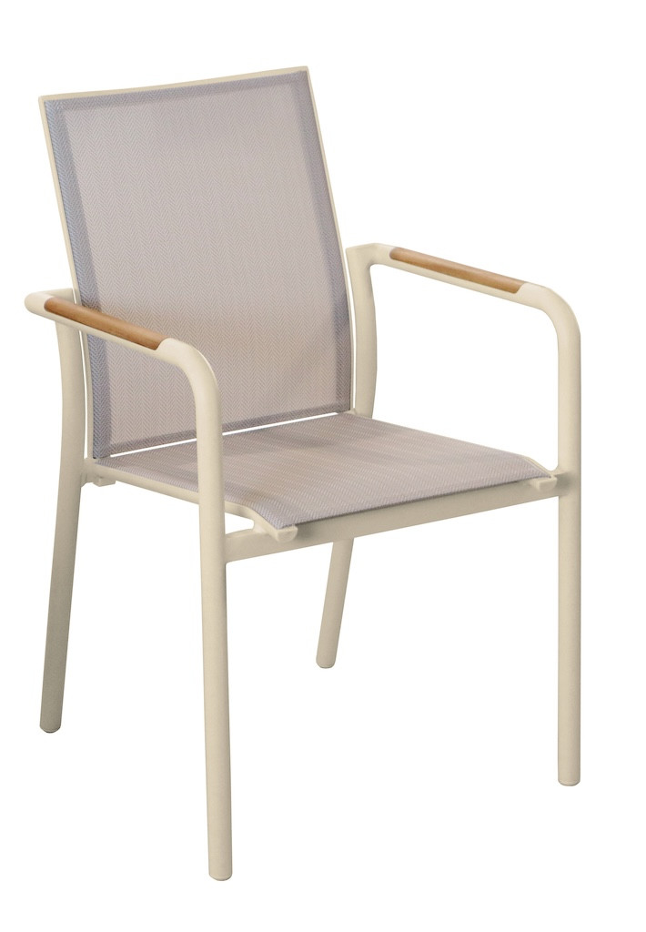 Fauteuil repas empilable AROHA Crème chevron Aluminium époxy Accoudoirs teck FSC