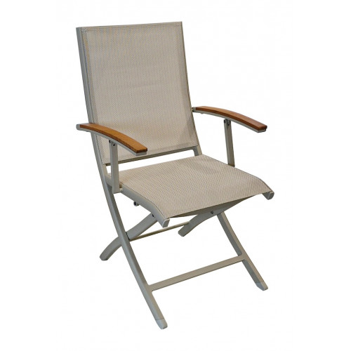 Fauteuil repas pliant – TREVISE – Crème chevron – Aluminium époxy – Accoudoirs teck FSC - PROLOISIRS