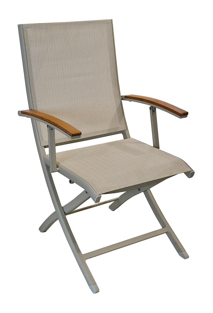 Fauteuil repas pliant TREVISE Crème chevron Aluminium époxy Accoudoirs teck FSC