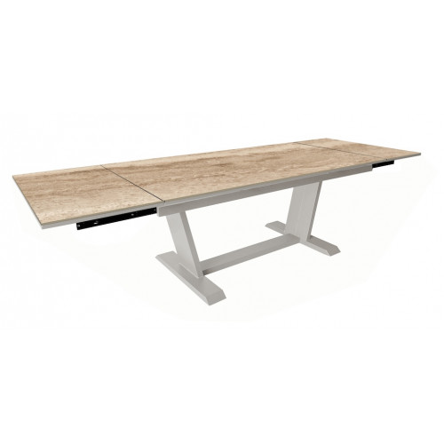Table de repas extensible – AMBER – 180/280 x 100 cm – Crème Travertin – Aluminium époxy et céramique KEDRA - PROLOISIRS