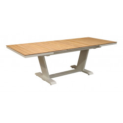 Table de repas extensible – AMBER – 180/240 x 100 cm – Aluminium époxy blanc / Lames teck – Allonge automatique de marque PROLOISIRS, référence: J9481000
