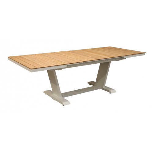 Table de repas extensible – AMBER – 180/240 x 100 cm – Aluminium époxy blanc / Lames teck – Allonge automatique - PROLOISIRS