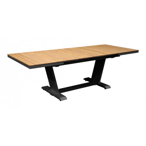 Table de repas extensible – AMBER – 180/240 x 100 cm – Aluminium époxy graphite / Lames teck – Allonge automatique - PROLOISIRS