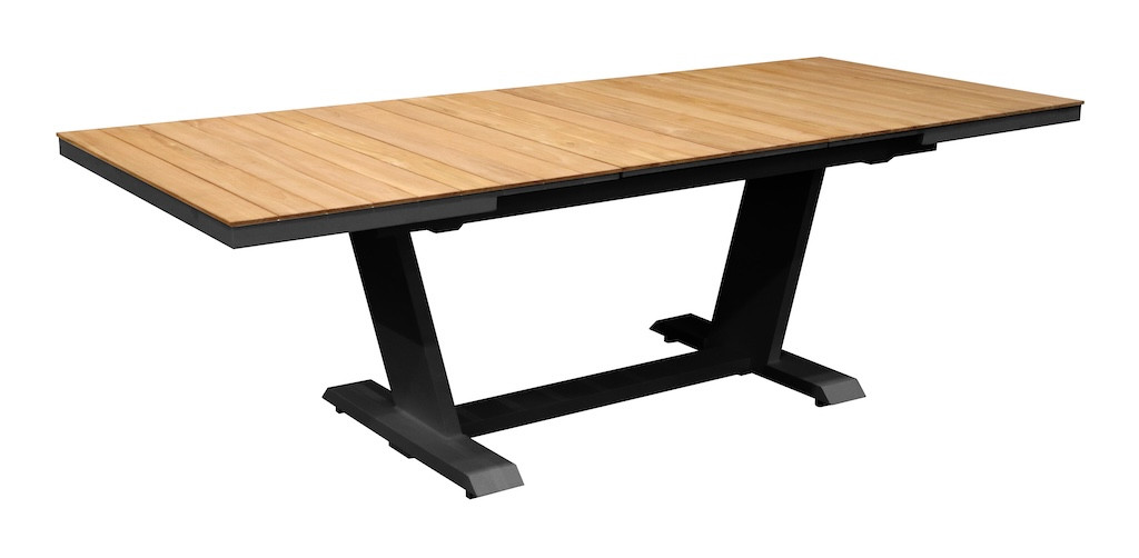 Table de repas extensible – AMBER – 180240 x 100 cm – Aluminium époxy / Lames teck – Allonge automatique