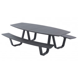 Set repas PICNIC CURV – 1 table 180 x 72 cm + 2 bancs – Aluminium époxy graphite de marque PROLOISIRS, référence: J9485500