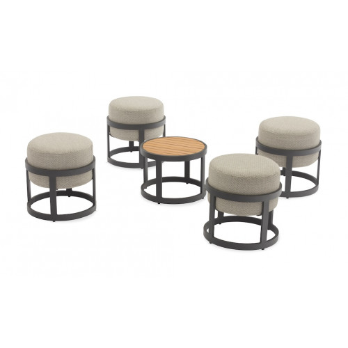 Set TOTEM (4 tabourets + 1 table) – Empilable – Aluminium époxy / Teck FSC – Graphite - PROLOISIRS