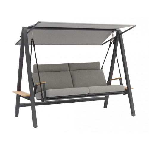 Balancelle DANDY – Aluminium époxy / Accoudoirs teck FSC / Coussin Olefin – Graphite - PROLOISIRS