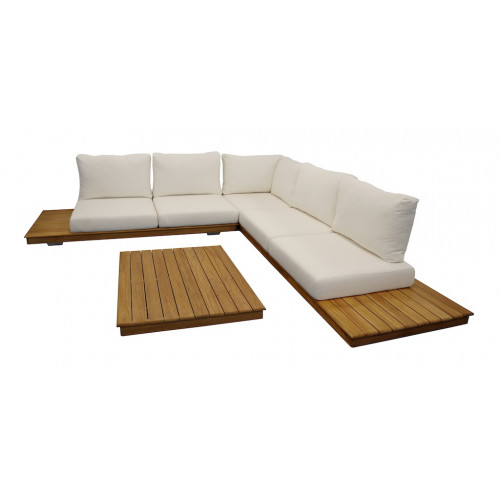 Set salon bas NEWCASTLE – 1 canapé d’angle + 1 table basse – Teck / Blanc - PROLOISIRS