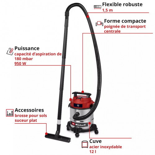 Aspirateur eaux et poussières – TC-VC 1240 S – Cuve inox 12 L – 950 W – 180 mbar RECONDITIONNE - EINHELL 