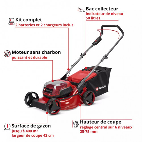 Tondeuse à gazon sans fil 36 V – GC-CM 36/42 Li BL – largeur de coupe 42 cm – moteur brushless – batteries 4,0 Ah incluses – Pow - EINHELL 