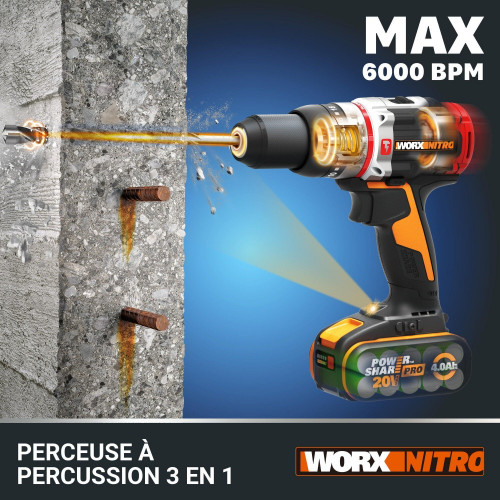 Perceuse à percussion 20 V WORX Wx354.5, 60 Nm + 2 batteries 4Ah - Worx