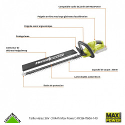 Taille-haies RYOBI RY36HT 60A 36V 4Ah 60 cm - RYOBI