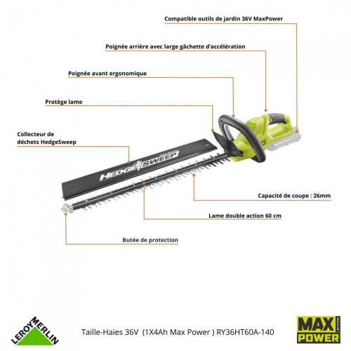 Taille-haies RYOBI RY36HT 60A 36V 4Ah 60 cm - RYOBI