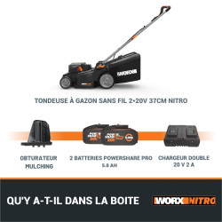 Tondeuse sur batterie WORX Wg737e.1 20 V, l.37 cm - Worx