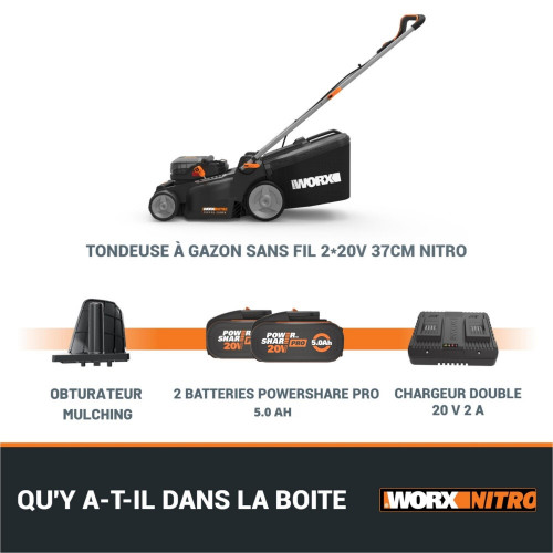 Tondeuse sur batterie WORX Wg737e.1 20 V, l.37 cm - Worx