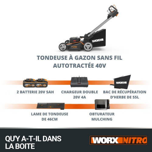 Tondeuse sur batterie WORX Wg749e.2 40 V, l.46 cm - Worx