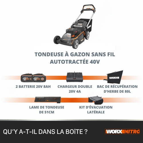 Tondeuse sur batterie WORX Wg760e.1 40 V, l.51 cm - Worx
