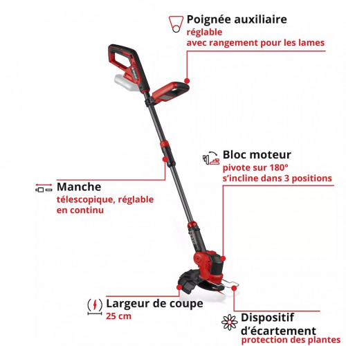Coupe-bordures sans fil – Largeur 25 cm – Manche télescopique – Bloc moteur pivotant – Fonction Edging – 18 V – Lames et fil inc - EINHELL 