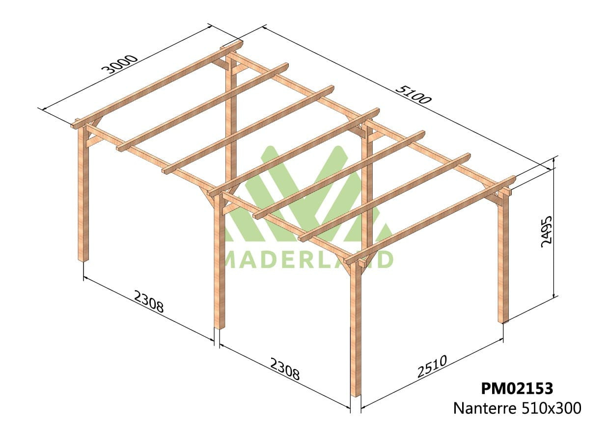 Carport bois NANTERRE 510x300 cm traité résistance élevée - vue 2