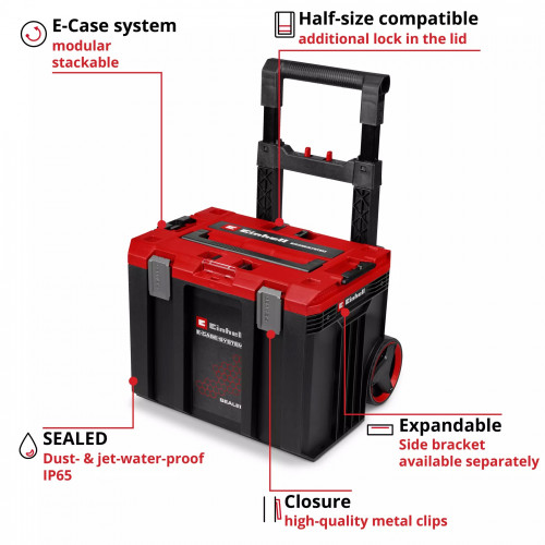 Coffret de transport étanche à roulettes E-Case L - IP65 - 120 kg - système modulaire - EINHELL 
