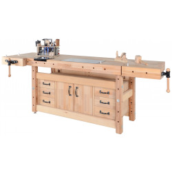 Plateau d’établi PLUS I - hêtre massif 2150 x 790 x 120 mm – 1 presse + 1 presse frontale – perçage 19 mm - Pinié