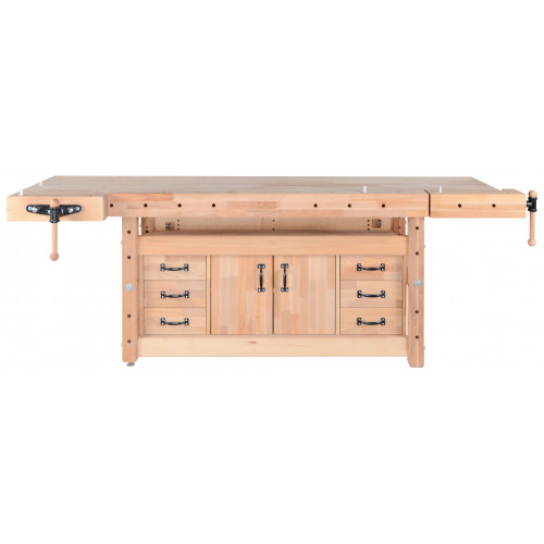 Plateau d’établi PLUS I - hêtre massif 2150 x 790 x 120 mm – 1 presse + 1 presse frontale – perçage 19 mm - Pinié