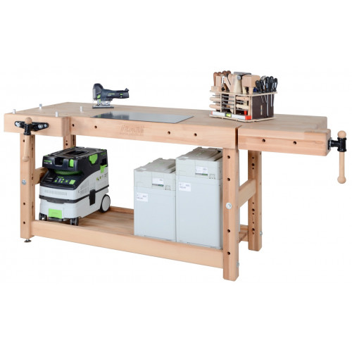 Plateau d’établi PLUS I - hêtre massif 2150 x 790 x 120 mm – 1 presse + 1 presse frontale – perçage 19 mm - Pinié