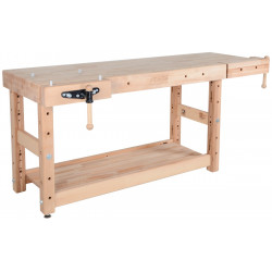 Plateau d’établi PLUS I - hêtre massif 2150 x 790 x 120 mm – 1 presse + 1 presse frontale – perçage 19 mm - Pinié