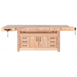Plateau d’établi PLUS I - hêtre massif 2650 x 790 x 120 mm – 1 presse + 1 presse frontale – perçage 19 mm - Pinié
